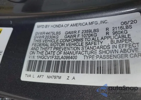 2020 Honda Accord Sport from USA, damaged, VIN 1HGCV1F32LA096400